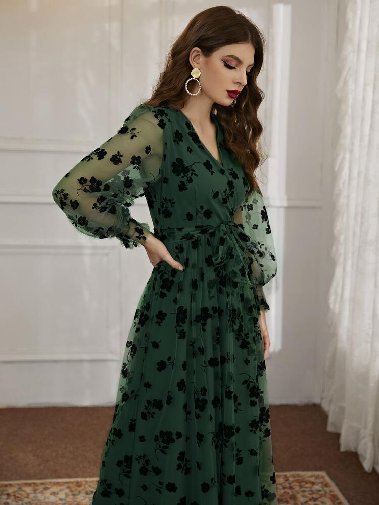 Modelyn Vestido cruzado delantero con cinturón de malla con estampado floral - Verde Oscuro - Añade 3