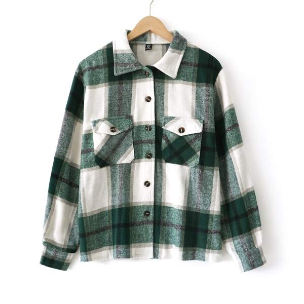 

Plus Plaid Pattern Button Up Flap Pockets Front Jacket, Multicolor