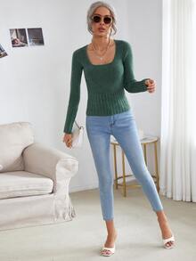 Scoop Neck Ribbed Knit Jumper - Green - View 4