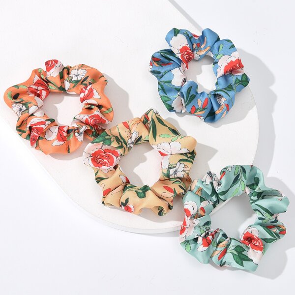 

4pcs Flower Print Scrunchie, Multicolor