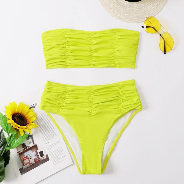 

Ruched Bandeau High Waisted Bikini Swimsuit, Mustard yellow