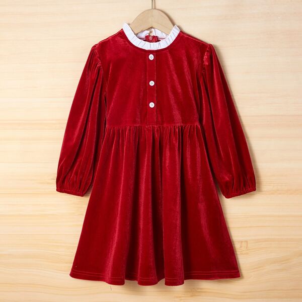 

Toddler Girls Ruffle Neck Tie Back Lantern Sleeve Velvet Dress, Burgundy