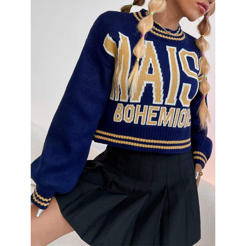 

Letter Graphic Contrast Binding Crop Sweater, Navy blue