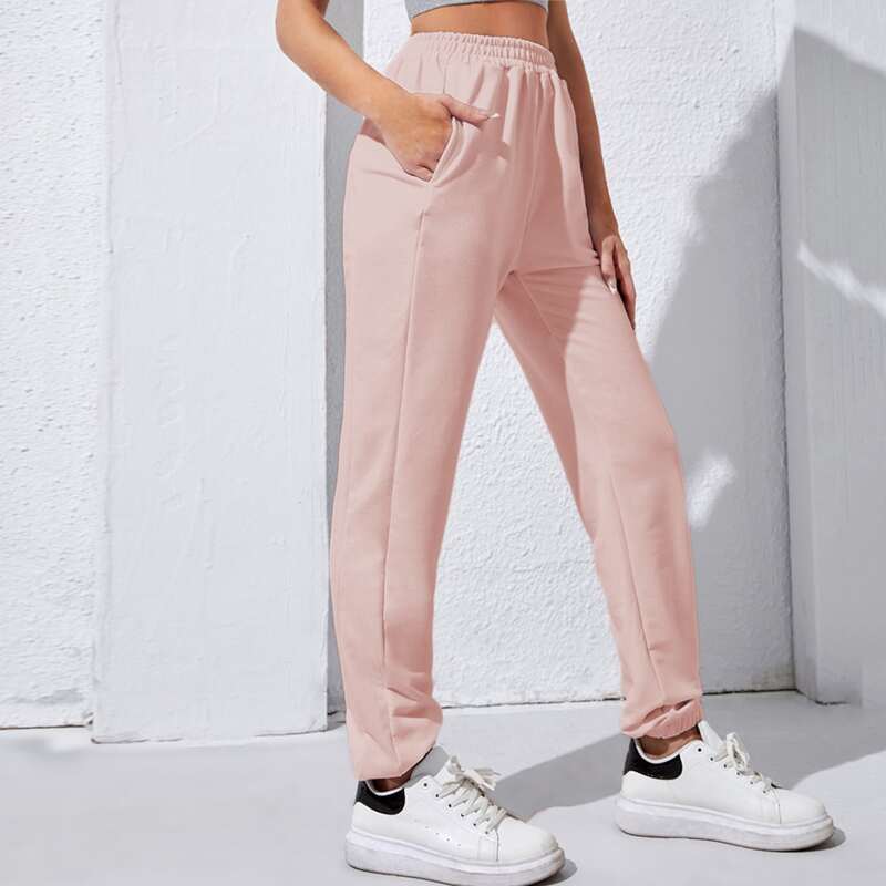 

Solid Elastic Waist Sports Pants, Baby pink