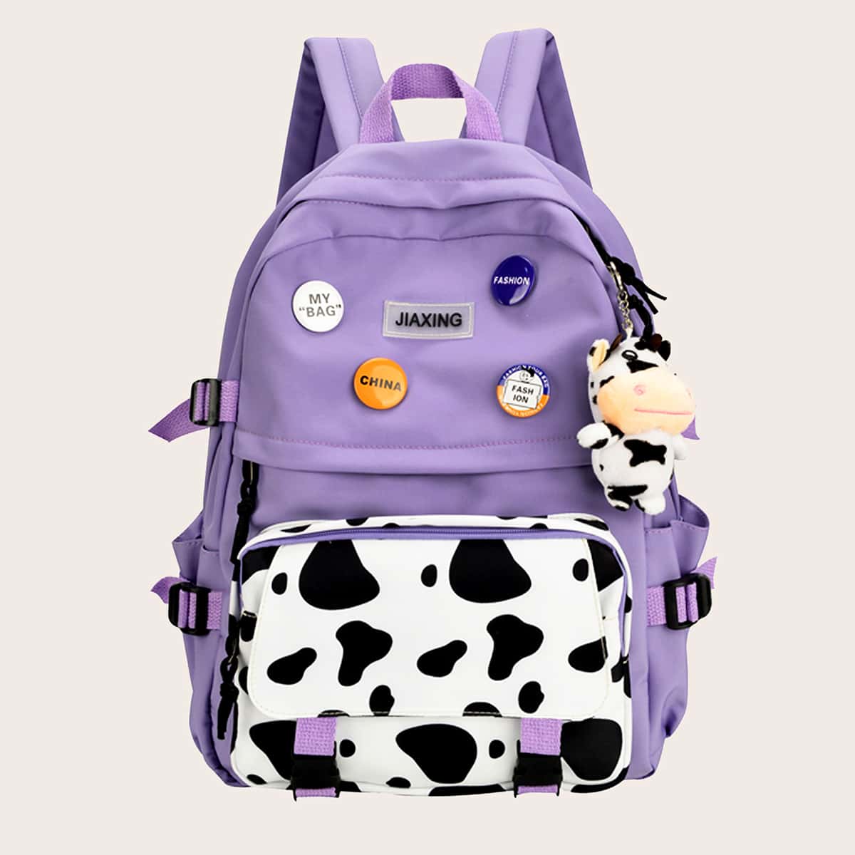 

Doll Decor Letter Patch Cow Print Backpack, Purple