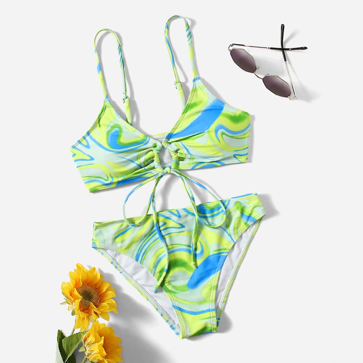 

Fluid Pattern Tie Front Bikini Swimsuit, Multicolor