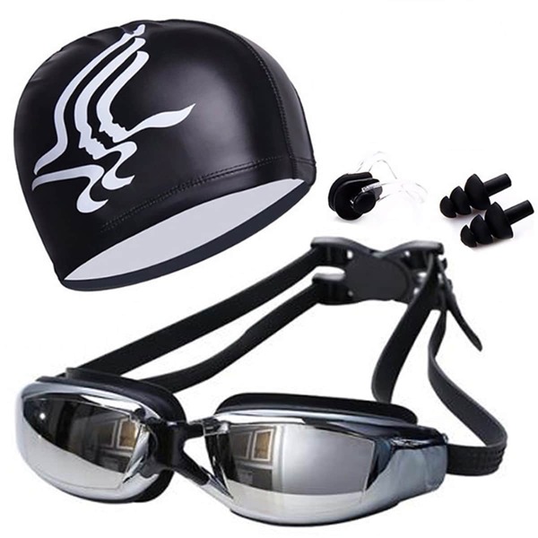 

Anti-fog Swimming Goggles With Swim Cap Set, Black