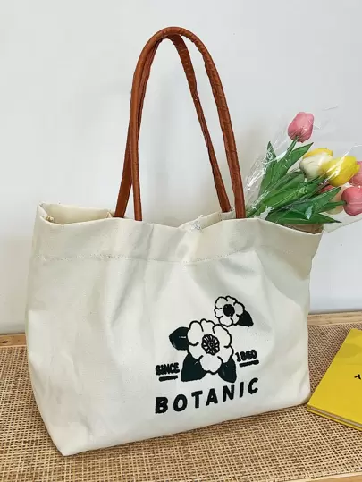 Floral & Letter Graphic Canvas Shoulder Tote Bag
