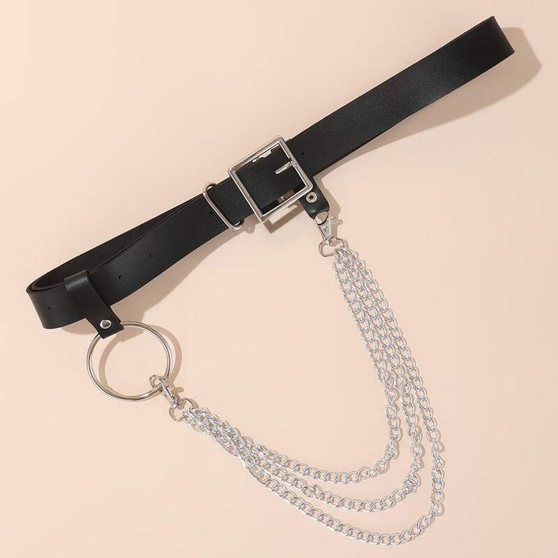 

Chain Decor Buckle Belt With Hole Punch, Black