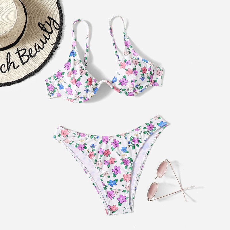 

Floral Print Underwire High Cut Bikini Swimsuit, Multicolor