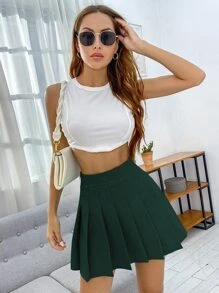 SHEIN Unity Zip Back Pleated Skirt - Dark Green - View 4
