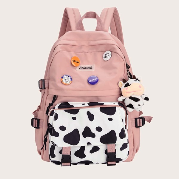 

Cow Pattern Cartoon Patch Backpack, Pink