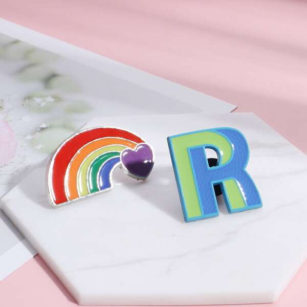 

2pcs Rainbow Stripe Heart Brooch, Multicolor