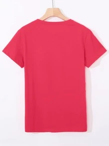 SHEIN LUNE 字母和心形印花 T 恤 图案 T 恤 女士上衣 - 西瓜粉 - 查看 2