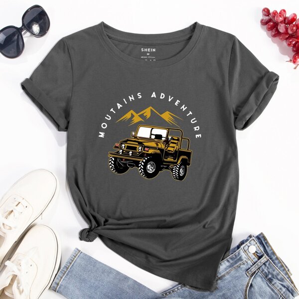 

Car And Mountain Print Tee, Dark grey