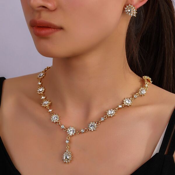 

3pcs Rhinestone Decor Jewelry Set, Gold