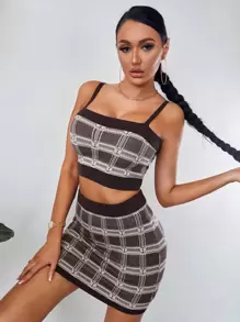 SHEIN SXY Áo len hai mảnh Tương phản ràng buộc Sọc ca rô Gợi cảm - Nhiều màu - Xem 1