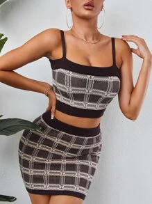 SHEIN SXY Áo len hai mảnh Tương phản ràng buộc Sọc ca rô Gợi cảm - Nhiều màu - Xem 4