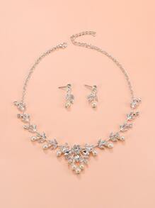 水鑽和人造珍珠裝飾項鍊和耳墜 - 銀色 - 查看 2