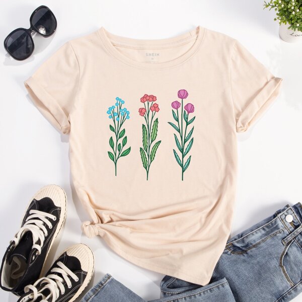 

Floral Print Short Sleeve Tee, Apricot