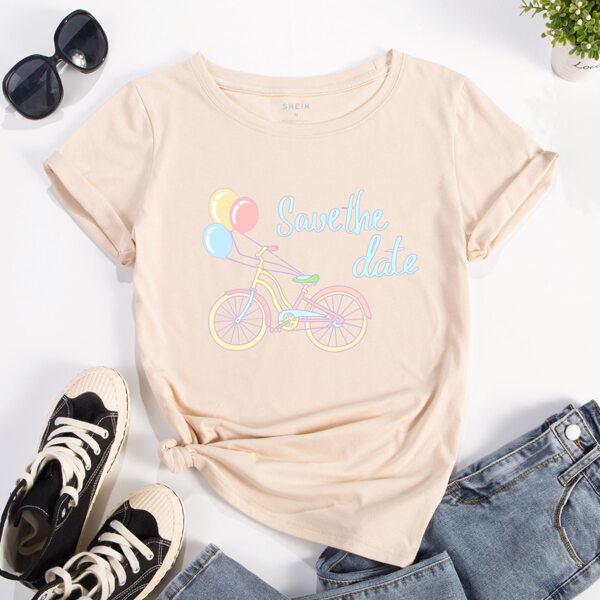

Letter & Cartoon Bike Print Short Sleeve Tee, Apricot