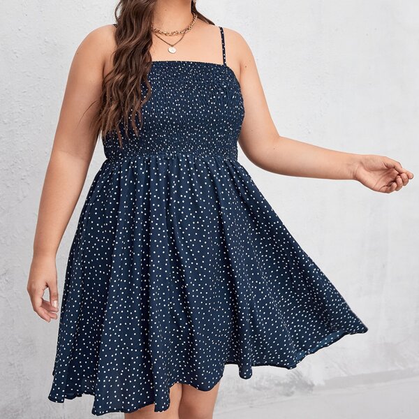 

Plus Polka Dot Shirred Cami Dress, Navy blue