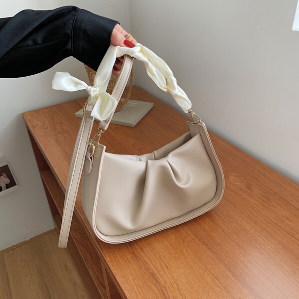 

Scarf Decor Ruched Bag, Khaki