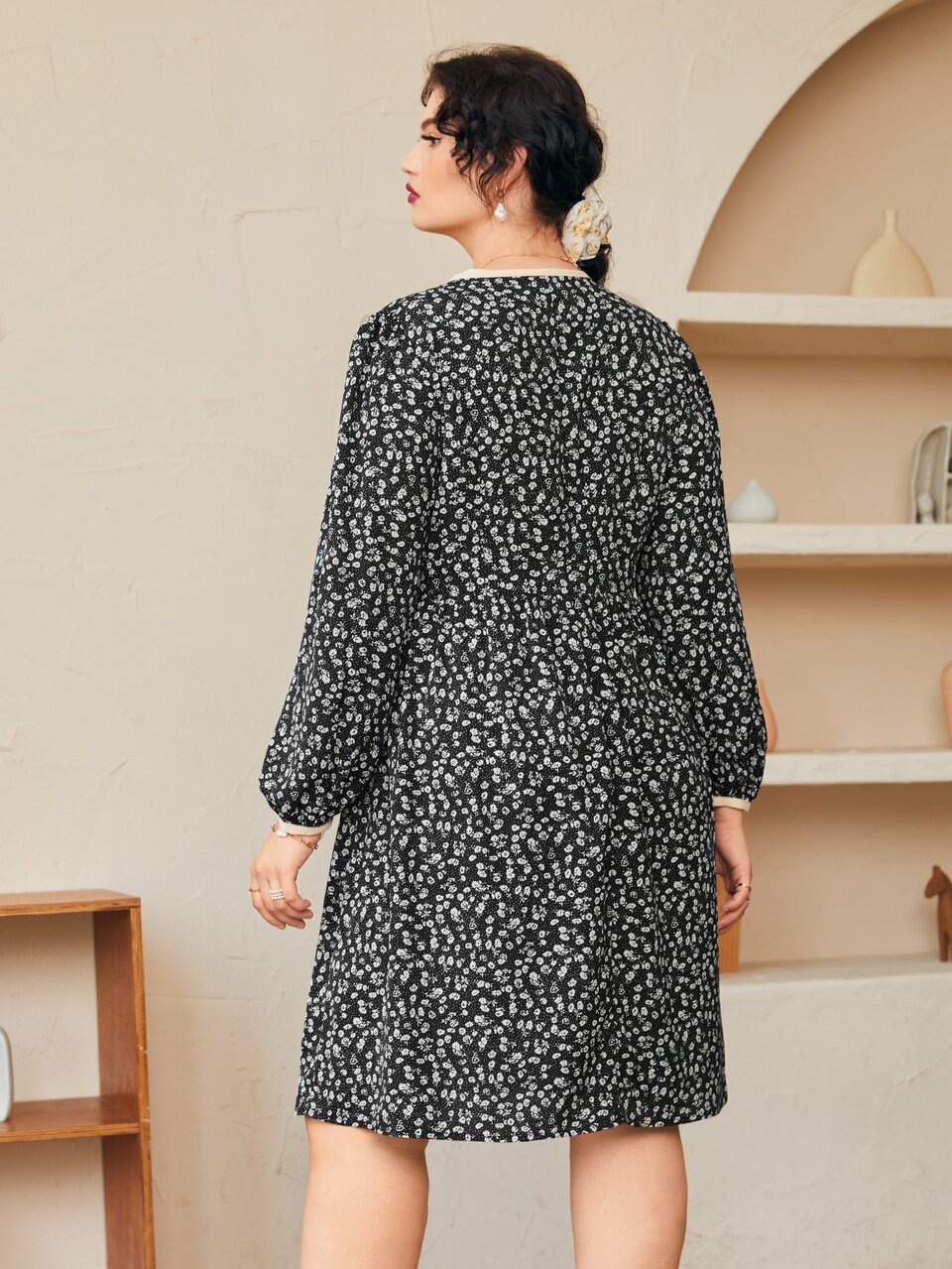 Plus Ditsy Floral Print A-line Dress