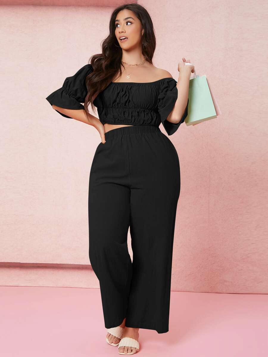 SHEIN Essnce Plus Flounce Sleeve Bardot Top & Wide Leg Trousers Set - Black - View 1