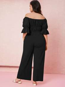 SHEIN Essnce Plus Flounce Sleeve Bardot Top & Wide Leg Trousers Set - Black - View 2