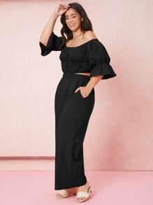 SHEIN Essnce Plus Flounce Sleeve Bardot Top & Wide Leg Trousers Set - Black - View 5