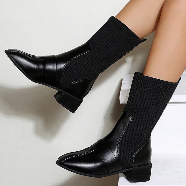 

Slip On Splicing Chunky Boots, Black