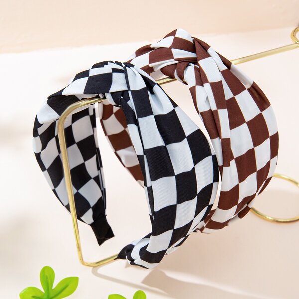 

2pcs Plaid Print Wide Headband, Multicolor