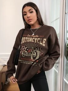 SHEIN Unity Motorcycle And Slogan Graphic Drop Shoulder Sweatshirt - Chocolate Brown - View 1