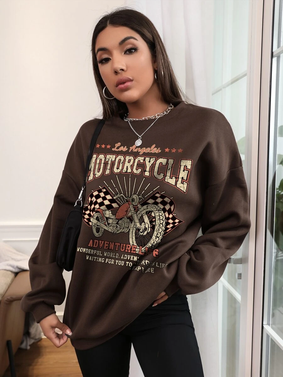 SHEIN Unity Motorcycle And Slogan Graphic Drop Shoulder Sweatshirt - Chocolate Brown - View 1