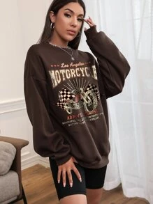 SHEIN Unity Motorcycle And Slogan Graphic Drop Shoulder Sweatshirt - Chocolate Brown - View 4