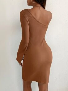 SHEIN SXY One Shoulder Split Cuff Bodycon Dress - Brown - View 2