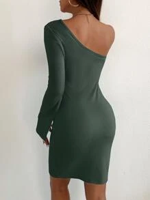 SHEIN Privé Vestido ajustado de un hombro puño con abertura - Verde - Ver 2