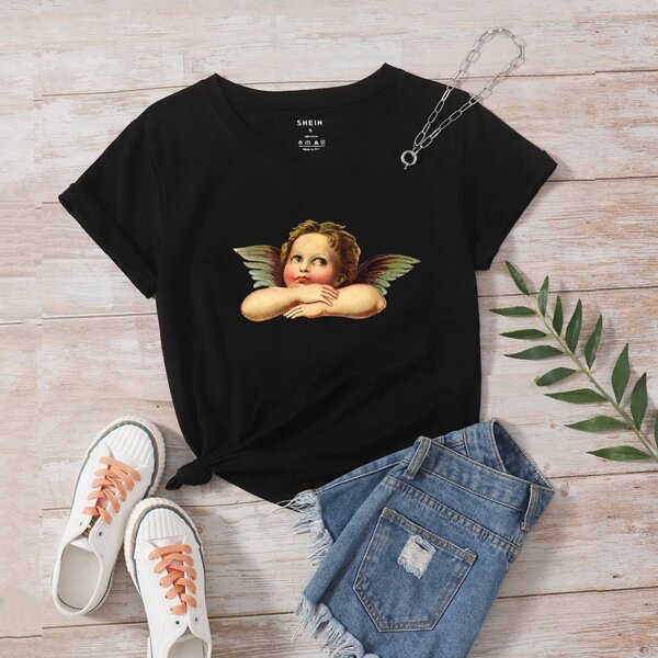 

Angel Print Short Sleeve Tee, Black