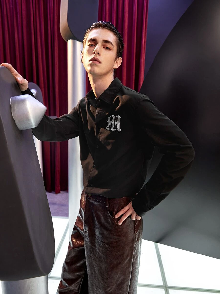 Manfinity Men Rhinestone Detail Button Up Shirt - Black - View 1