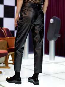 GENTILAND Men Chain Detail PU Leather Trousers - Black - View 2