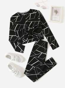SHEIN 少女幾何圖案扭結前搭配上衣與緊身褲 - 黑與白 - 查看 1