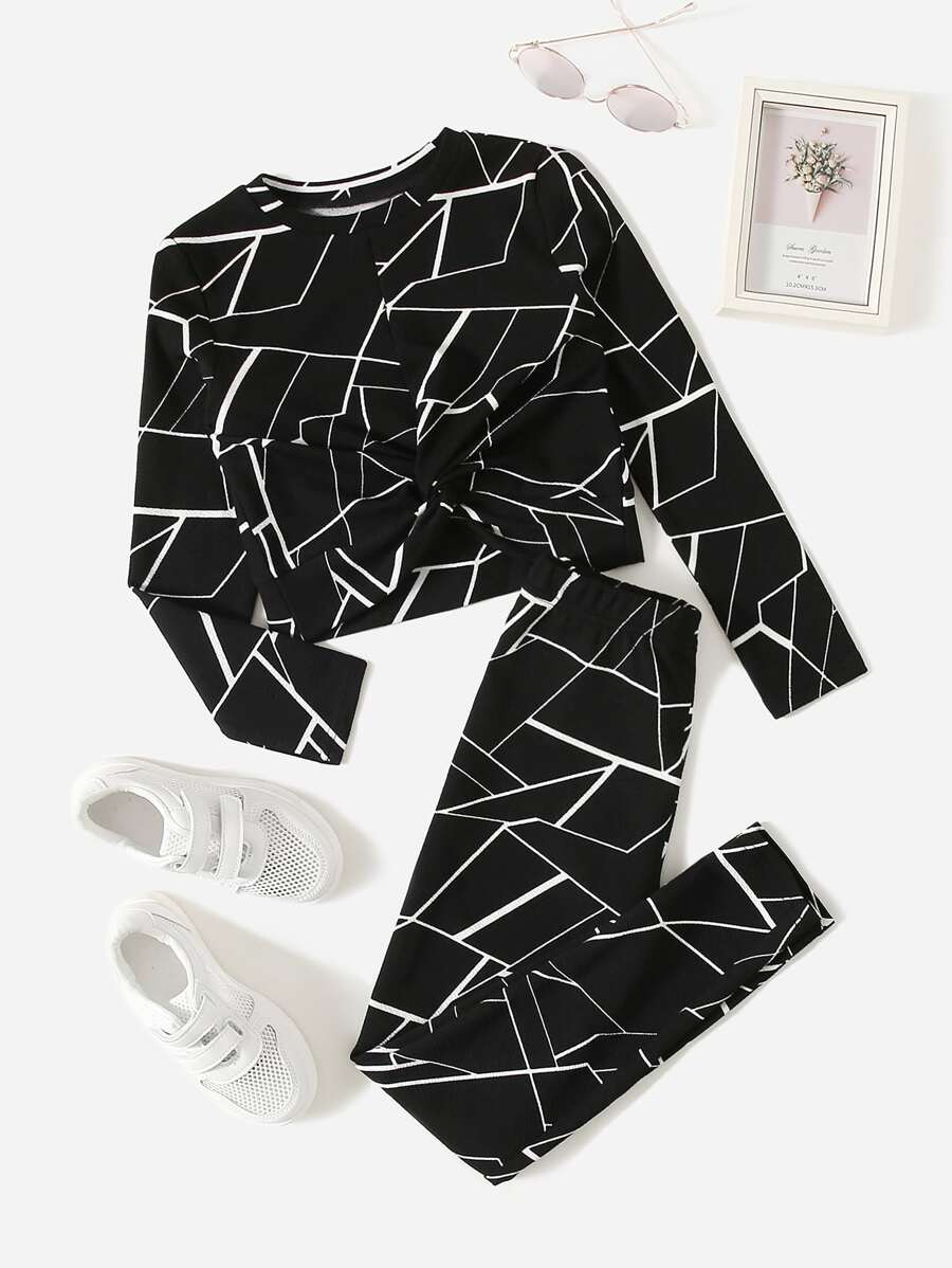 SHEIN 少女幾何圖案扭結前搭配上衣與緊身褲 - 黑與白 - 查看 1