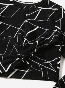 SHEIN 少女幾何圖案扭結前搭配上衣與緊身褲 - 黑與白 - 查看 4