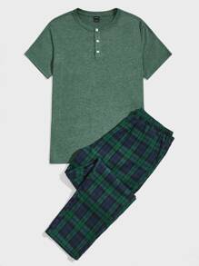 SHEIN Men Button Front Tee & Tartan Lounge Set - Multicolor - View 1