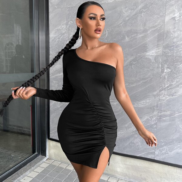 

One Shoulder Ruched Split Hem Mini Bodycon Dress, Black
