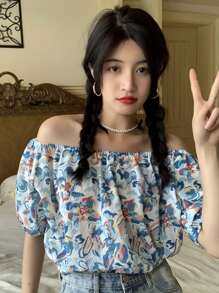 滿身花卉露肩上衣 - 彩色 - 查看 1