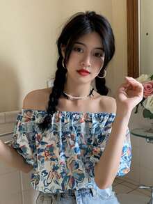 滿身花卉露肩上衣 - 彩色 - 查看 3