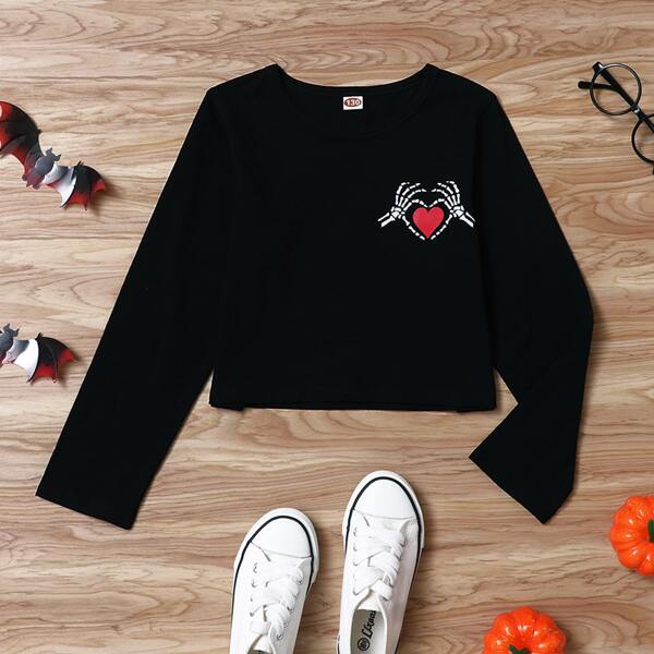 

Girls Skeleton & Heart Print Tee, Black