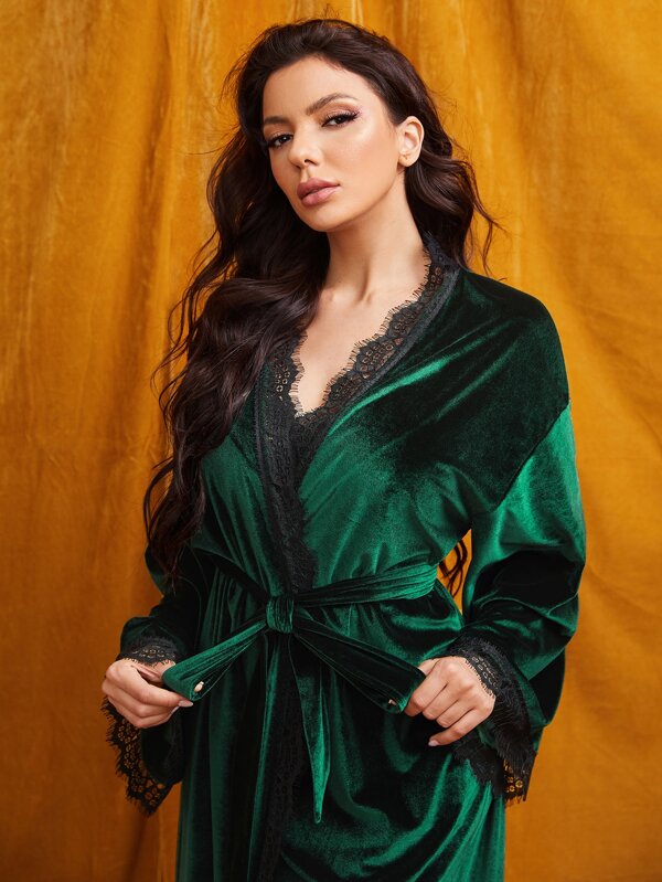 SHEIN Lace Trim Belted Drop Shoulder Velvet Night Robe | SHEIN USA